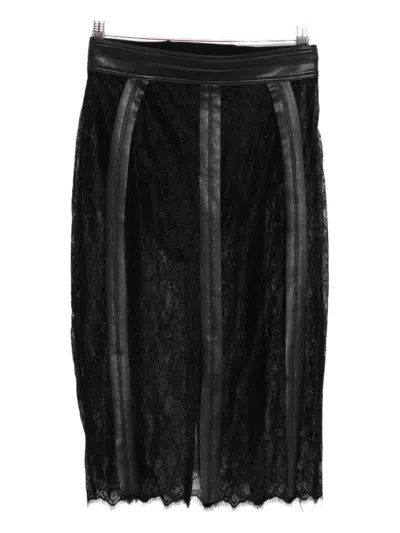 Elisabetta Franchi Sheer Lace Midi Skirt With Leather-like Panels In Black