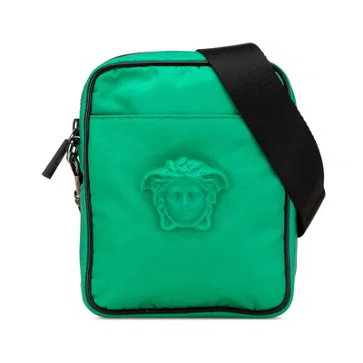Versace Nylon Leather Medusa Logo Shoulder Bag In Green