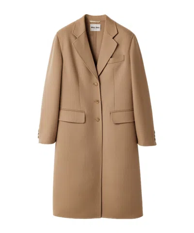Miu Miu Single-breasted Double Cashmere Coat In Brown