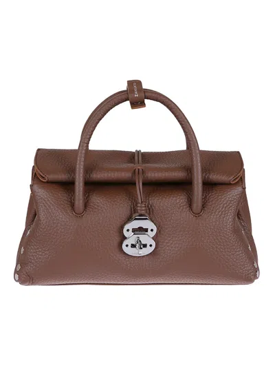 Zanellato Hammered Leather Shoulder Bag With Twist Lock And Studded Accents In Brown