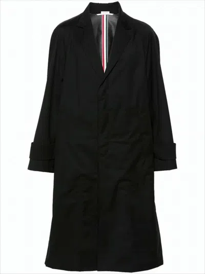Thom Browne Long Black Wool Coat With Tailored Silhouette And Tricolor Accents In Black