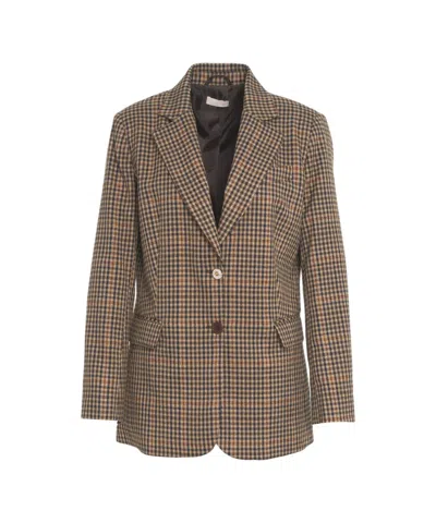 Liu •jo Tailored Checkered Jacket With Notched Lapel In Brown