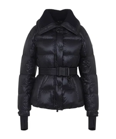 Moncler Puffer Jacket With Belted Waist And High Collar In Blue