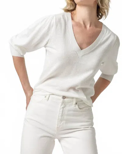 Lilla P Women's Elbow Sleeve Split Neck Top In White In White