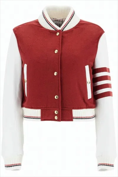 Thom Browne Cropped Varsity Jacket In Rich Red With Contrast Leather Sleeves In Red
