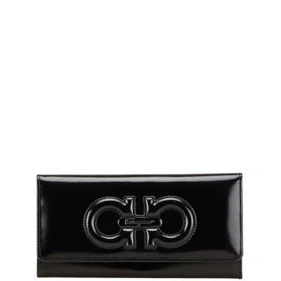 Pre-owned Ferragamo Gancini Leather Long Wallet (bi-fold) () In Black