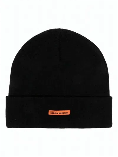 Heron Preston Black Wool Beanie With Folded Cuff And Orange Label In Black