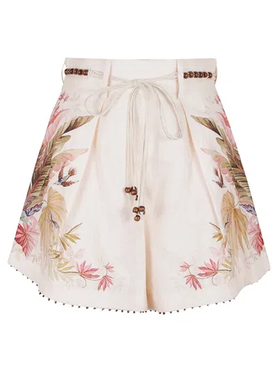 Zimmermann Floral Print Linen Shorts With Removable Waist Strap And Side Pockets In Multi