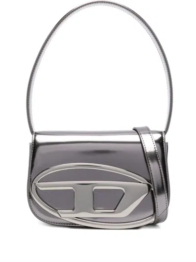 Diesel Oval-d Logo Patent Leather Shoulder Bag In Gray