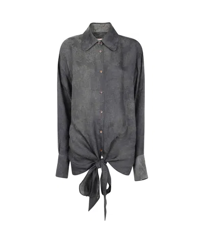 Uma Wang Long Sleeve Tie Front Patterned Top In Black