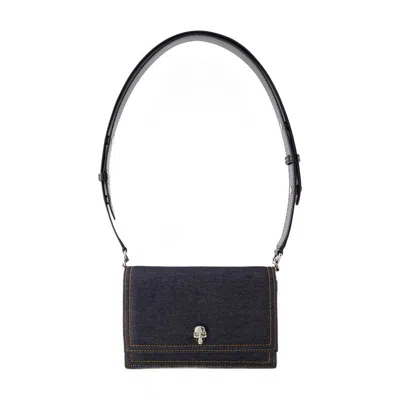 Alexander Mcqueen Compact Denim Biker Skull Bag In Black