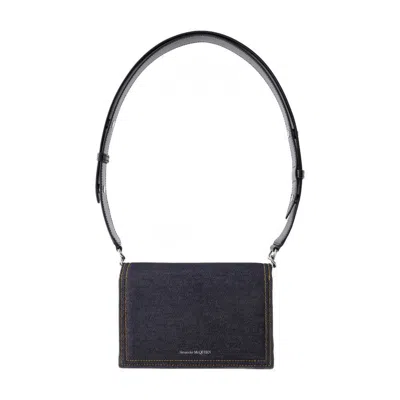 Alexander Mcqueen Compact Denim Biker Skull Bag In Black