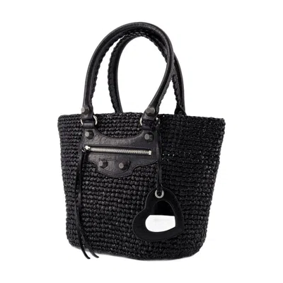 Balenciaga Le Cagole Medium Raffia Shoulder Bag In Black
