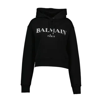 Balmain Vintage Print Hooded Sweatshirt With Long Sleeves In Black