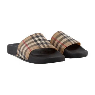Burberry Brown Slides Sandals With Vintage Check Motif In Polyurethane In Multi