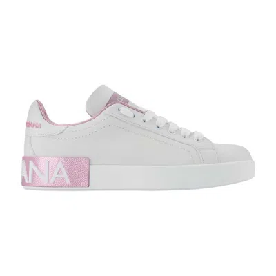 Dolce & Gabbana Portofino Leather Sneakers In White And Pink In White