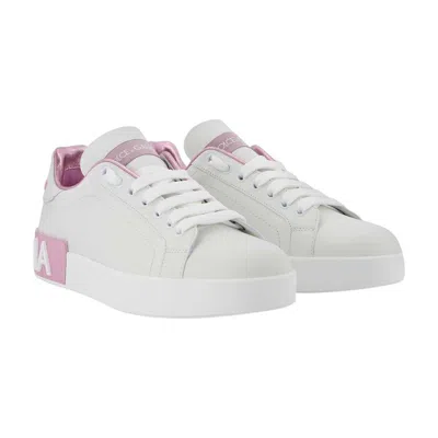Dolce & Gabbana Portofino Leather Sneakers In White And Pink In White