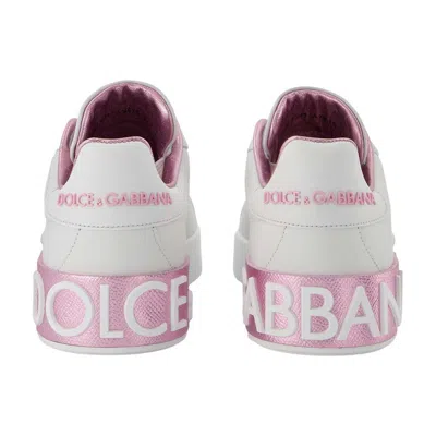 Dolce & Gabbana Portofino Leather Sneakers In White And Pink In White