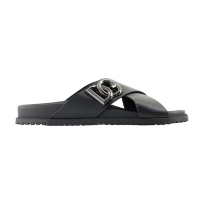 Dolce & Gabbana Leather Sandals With Lateral Monogram In Black