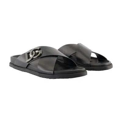 Dolce & Gabbana Leather Sandals With Lateral Monogram In Black