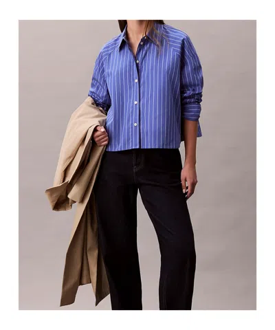 Calvin Klein Jeans Est.1978 Calvin Klein Women's Stripe Cropped Boxy Button-down Shirt In Blue