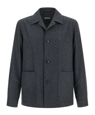Zegna Wool Jacket Featuring Long Sleeves And Pockets In Gray
