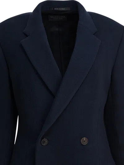 Balenciaga Women Godet Midi Double-breasted Wool Coat In Blue