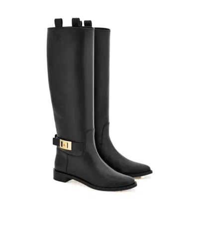 Ferragamo Knee High Boot With Hug Buckle Detail In Black