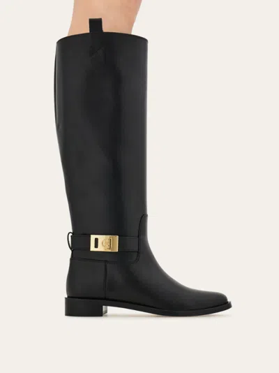 Ferragamo Knee High Boot With Hug Buckle Detail In Black