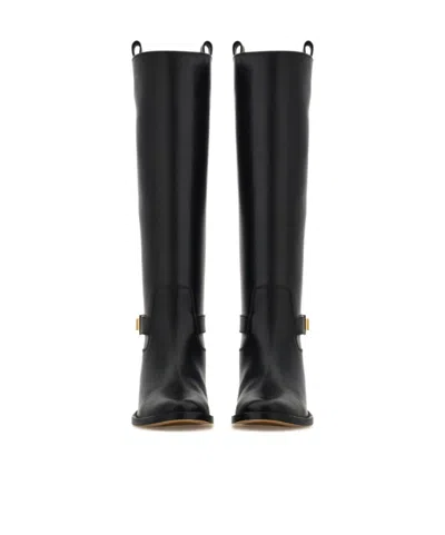 Ferragamo Knee High Boot With Hug Buckle Detail In Black