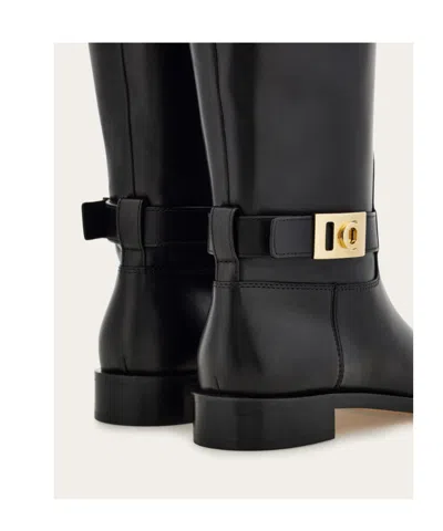 Ferragamo Knee High Boot With Hug Buckle Detail In Black
