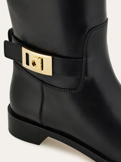 Ferragamo Knee High Boot With Hug Buckle Detail In Black
