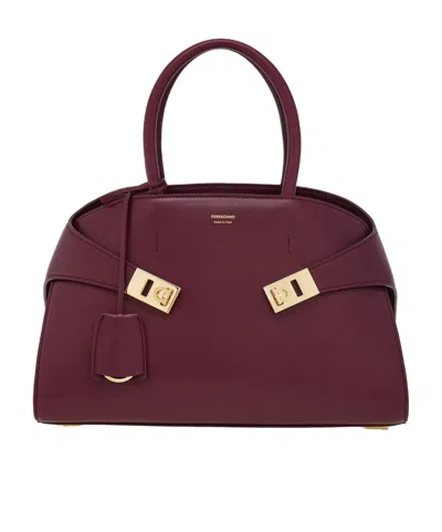 Ferragamo Medium Tote Bag Gold Tone Hardware Top Handle In Purple