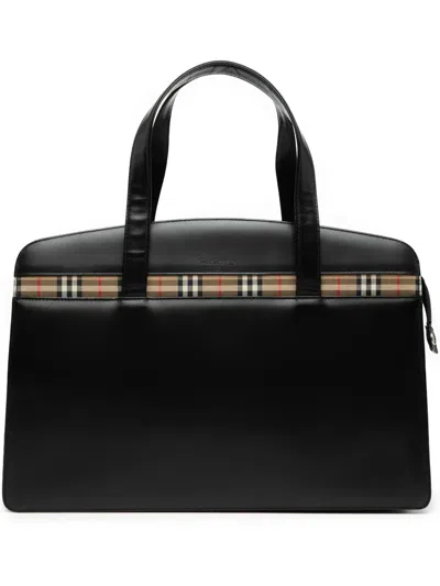 Pre-owned Burberry 20th Century House Check Trimmed Leather Handbag In Black