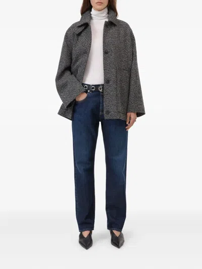 Closed Herringbone-pattern Button Coat In Blue