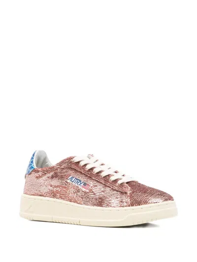 Autry Metallic Rose Gold Sneakers With Textured Scale Pattern In Pink