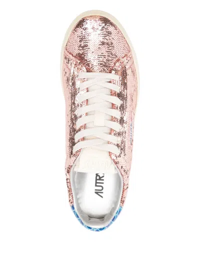 Autry Metallic Rose Gold Sneakers With Textured Scale Pattern In Pink