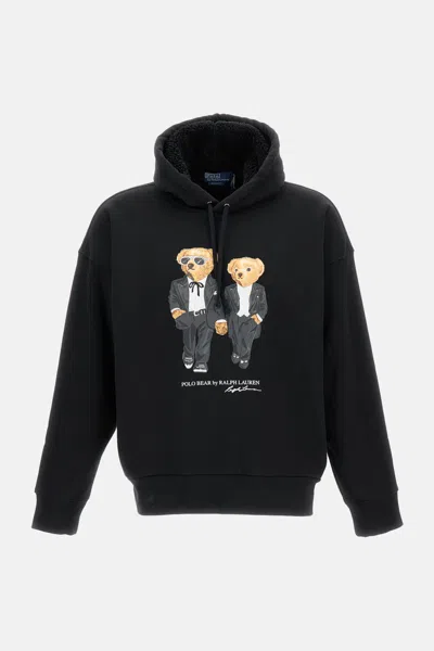 Polo Ralph Lauren Hooded Sweatshirt Featuring Bear Graphic And Ribbed Cuffs In Black