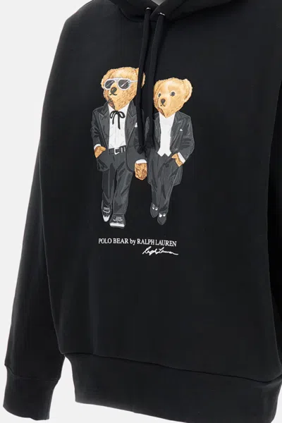 Polo Ralph Lauren Hooded Sweatshirt Featuring Bear Graphic And Ribbed Cuffs In Black