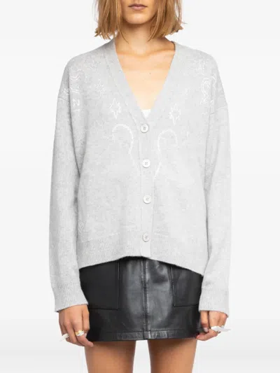 Zadig & Voltaire Womens Gris Chine Clai Mirkaz Rhinestone-embellished Cashmere Cardigan In Gray