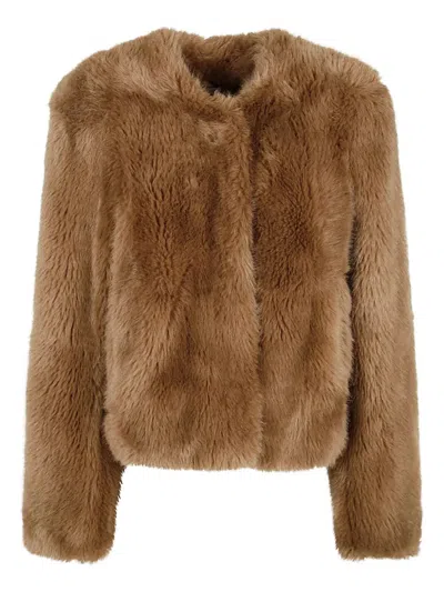 Stand Studio Cropped Faux Fur Coat With Minimalistic Design And Plush Texture In Brown
