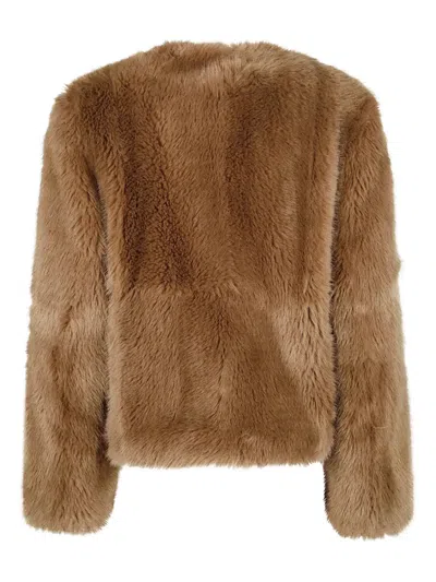 Stand Studio Cropped Faux Fur Coat With Minimalistic Design And Plush Texture In Brown
