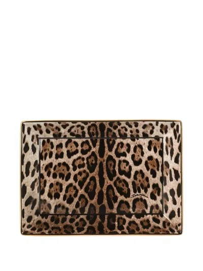 Dolce & Gabbana Leopard Porcelain Tray (26cm X 8.5cm) In Brown