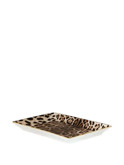 Dolce & Gabbana Leopard Porcelain Tray (26cm X 8.5cm) In Brown