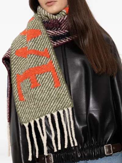 Loewe Logo-intarsia Fringed Scarf In Red