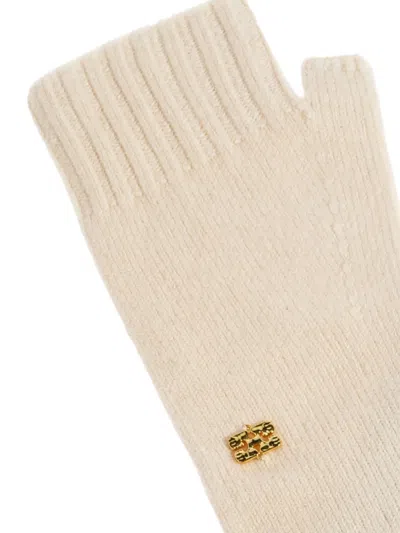 Ganni Ribbed Logo-detail Gloves In Neutral