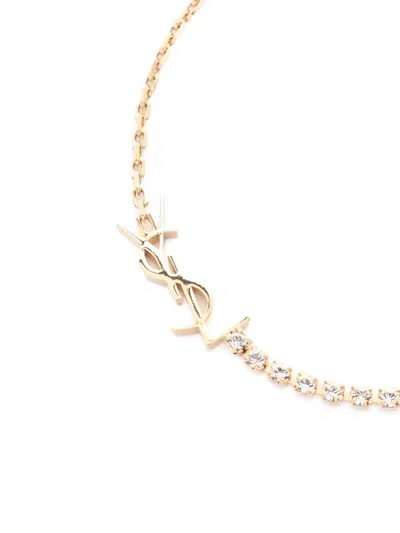 Pre-owned Saint Laurent 2020s Cassandre Charm Rhinestone Bracelet In Gold