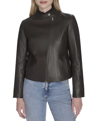 Cole Haan Leather Stand Collar Racer Jacket In Brown