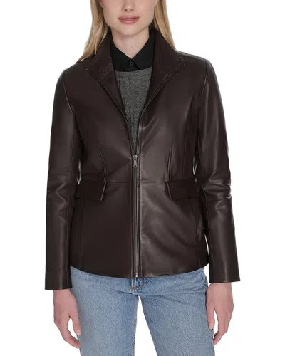 Cole Haan Wing Collar Leather Jacket In Brown