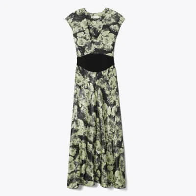 Tory Burch Floral Pattern Midi Dress With Cap Sleeves In Green